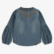 Chemise à manches longues avec broderies en denim léger, bleu moyen, enfant || Long-sleeved shirt with light denim embroidery, medium blue, child