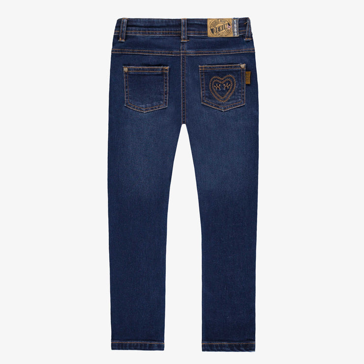 Pantalon en denim bleu foncé de coupe étroite avec broderies, enfant || Dark blue denim pants with a slim fit and embroidery, child