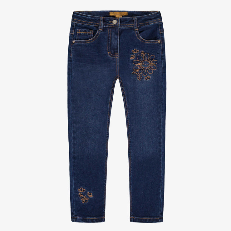 Pantalon en denim bleu foncé de coupe étroite avec broderies, enfant || Dark blue denim pants with a slim fit and embroidery, child