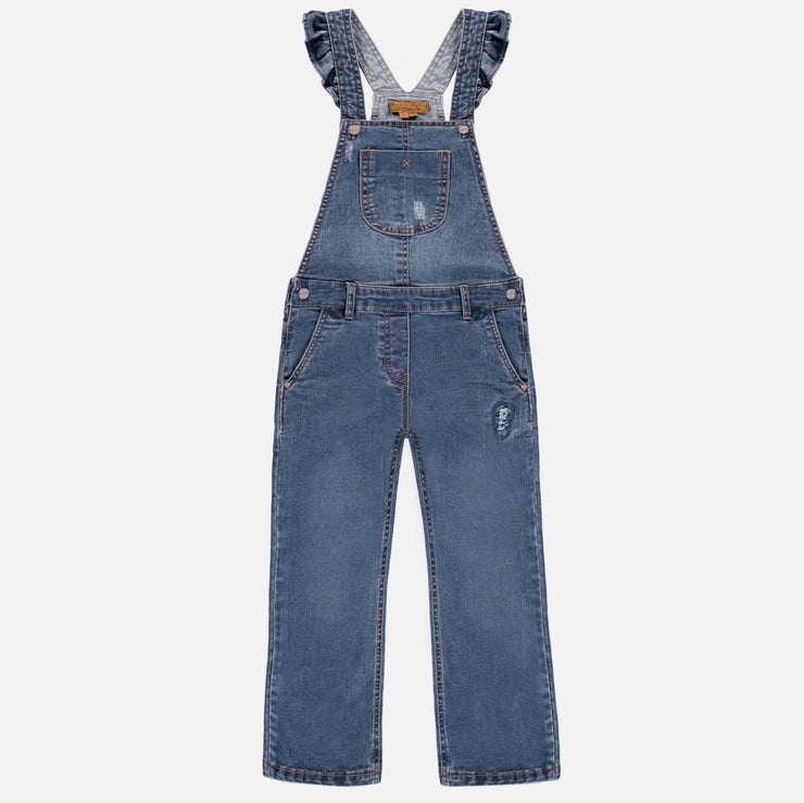 Salopette longue bleu moyen avec des bretelles à volants, enfant || Medium-blue overalls with ruffled straps, child