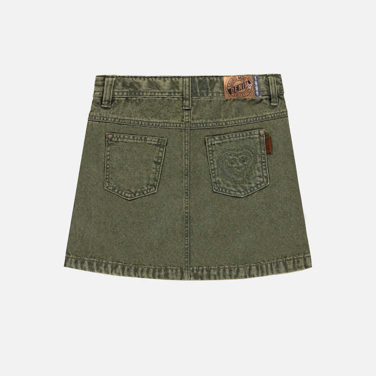 Jupe verte droite courte en denim extensible, enfant || Green short straight skirt in stretch denim, child