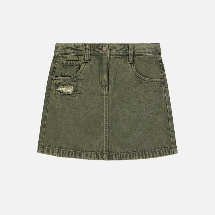 Jupe verte droite courte en denim extensible, enfant || Green short straight skirt in stretch denim, child