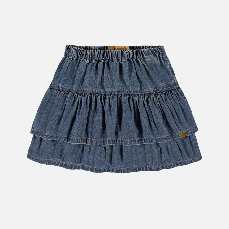 Jupe en denim bleu moyen à multiples volants, enfant || Medium blue denim skirt with multiple ruffles, child