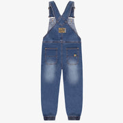 Salopette longue coupe décontractée en denim léger extensible, bleu moyen, enfant || Long overall relaxed fit in light medium denim, child