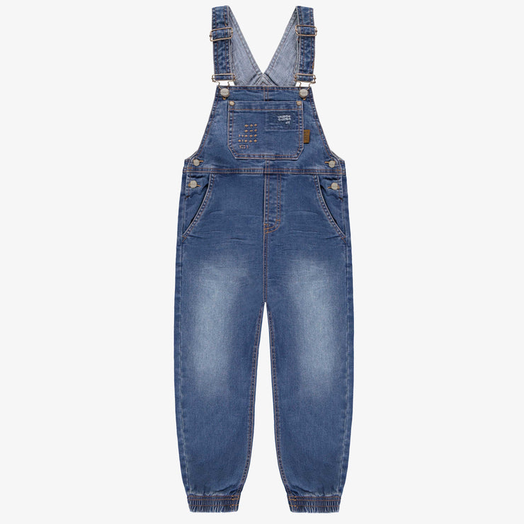 Salopette longue coupe décontractée en denim léger extensible, bleu moyen, enfant || Long overall relaxed fit in light medium denim, child