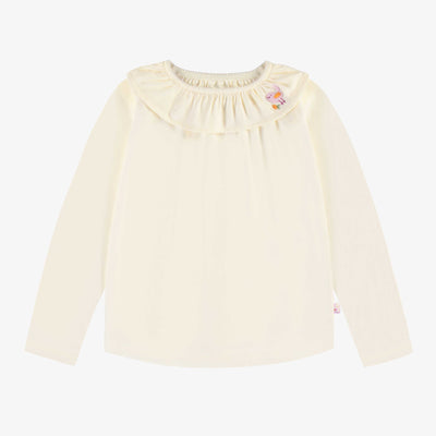 T-shirt crème avec col rond à volant en jersey, enfant || Cream t-shirt with round neck with ruffle in jersey, child