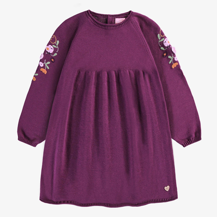 Robe de maille mauve foncé avec broderies, enfant || Dark purple knit dress with embroidery, child