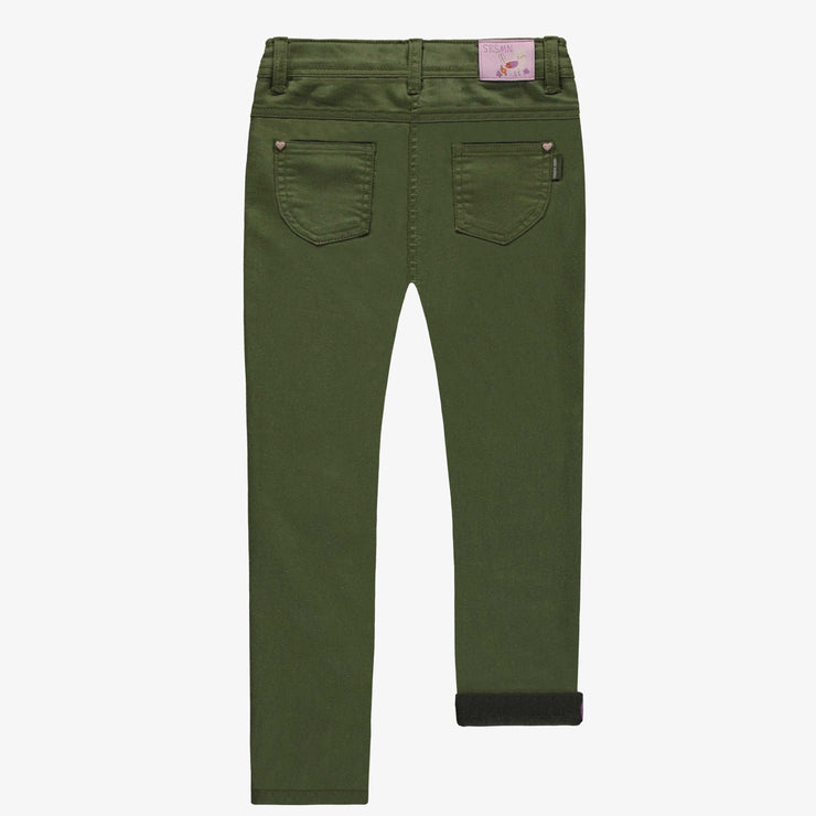 Pantalon vert olive de coupe étroite en denim extensible, enfant || Slim-fit olive green pants in stretch denim, child