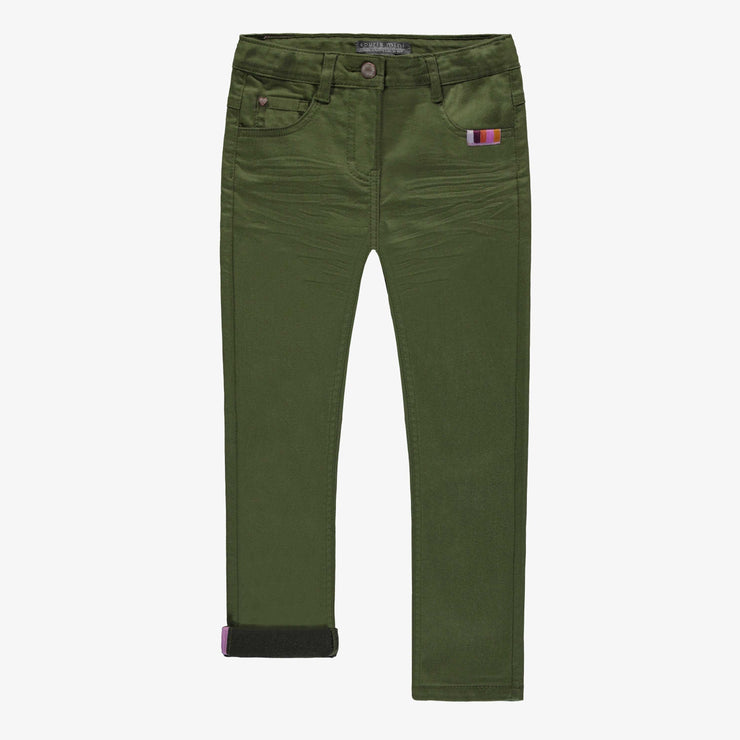 Pantalon vert olive de coupe étroite en denim extensible, enfant || Slim-fit olive green pants in stretch denim, child