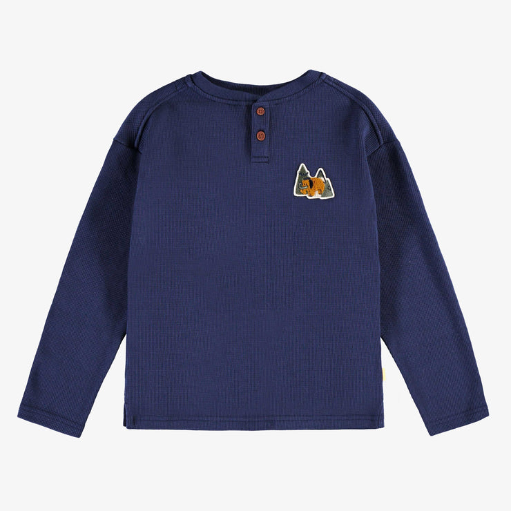 T-shirt marine à manches longues en jersey gaufré, enfant || Long-sleeved navy t-shirt in waffle jersey, child