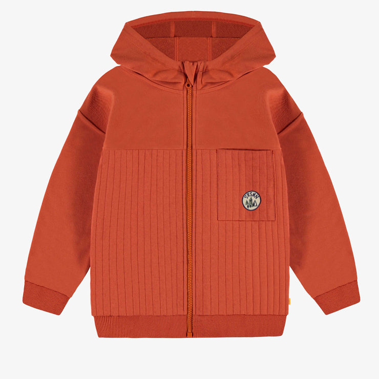 Veste orange à capuchon en jersey matelassé, enfant || Orange hooded vest in quilted jersey, child