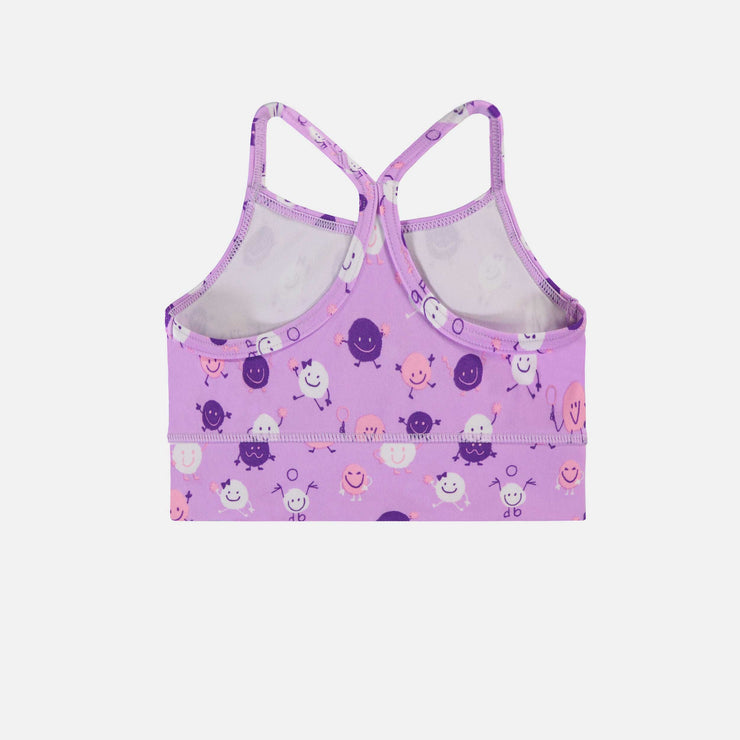 Camisole de sport lilas avec bretelles croisées en tissu extensible, enfant || Lilac sports tank top with thin crossed straps in stretch fabric, child