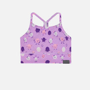 Camisole de sport lilas avec bretelles croisées en tissu extensible, enfant || Lilac sports tank top with thin crossed straps in stretch fabric, child