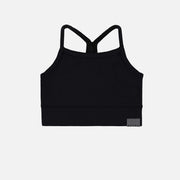 Camisole de sport noir avec bretelles croisées en tissu extensible, enfant || Black sports tank top with thin crossed straps in stretch fabric, child