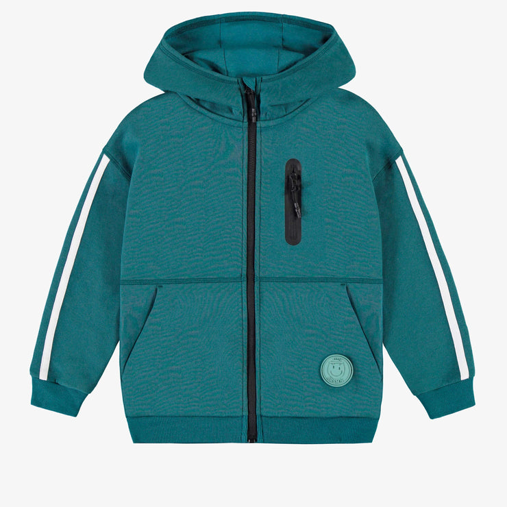 Chandail turquoise à capuchon de coupe décontractée en jersey double-face, enfant || Turquoise hooded sweater with relaxed fit in double-faced jersey, child