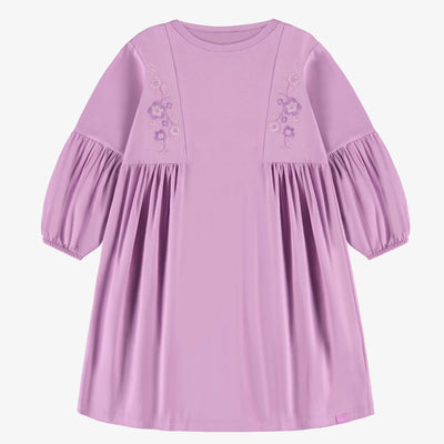 Robe mauve avec fronces en jersey extensible, enfant || Purple dress with gathers in stretch jersey, child