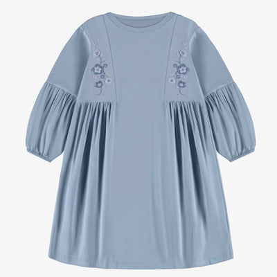 Robe bleue avec fronces en jersey extensible, enfant || Blue dress with gathers in stretch jersey, child