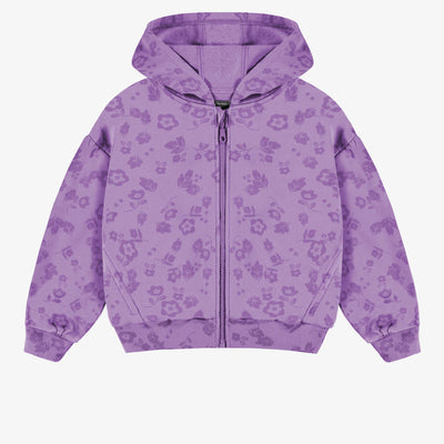 Veste mauve à capuchon avec fleurs en coton ouaté brossé, enfant || Purple hooded vest with flowers in brushed cotton fleece, child