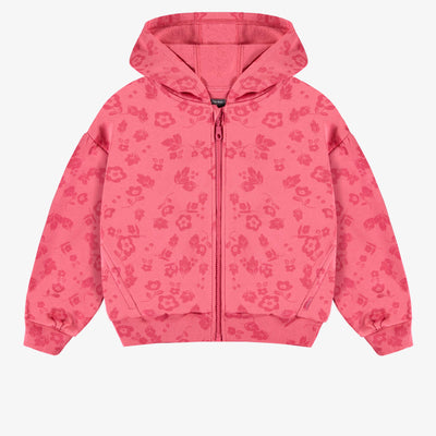 Veste rose à capuchon avec fleurs en coton ouaté brossé, enfant || Pink hooded vest with flowers in brushed cotton fleece, child