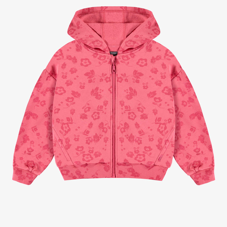 Veste rose à capuchon avec fleurs en coton ouaté brossé, enfant || Pink hooded vest with flowers in brushed cotton fleece, child