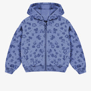 Veste bleue à capuchon avec fleurs en coton ouaté brossé, enfant || Blue hooded vest with flowers in brushed cotton fleece, child