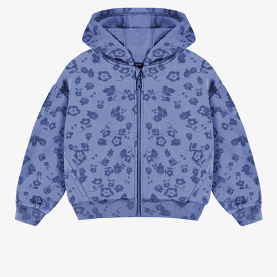 Veste bleue à capuchon avec fleurs en coton ouaté brossé, enfant || Blue hooded vest with flowers in brushed cotton fleece, child