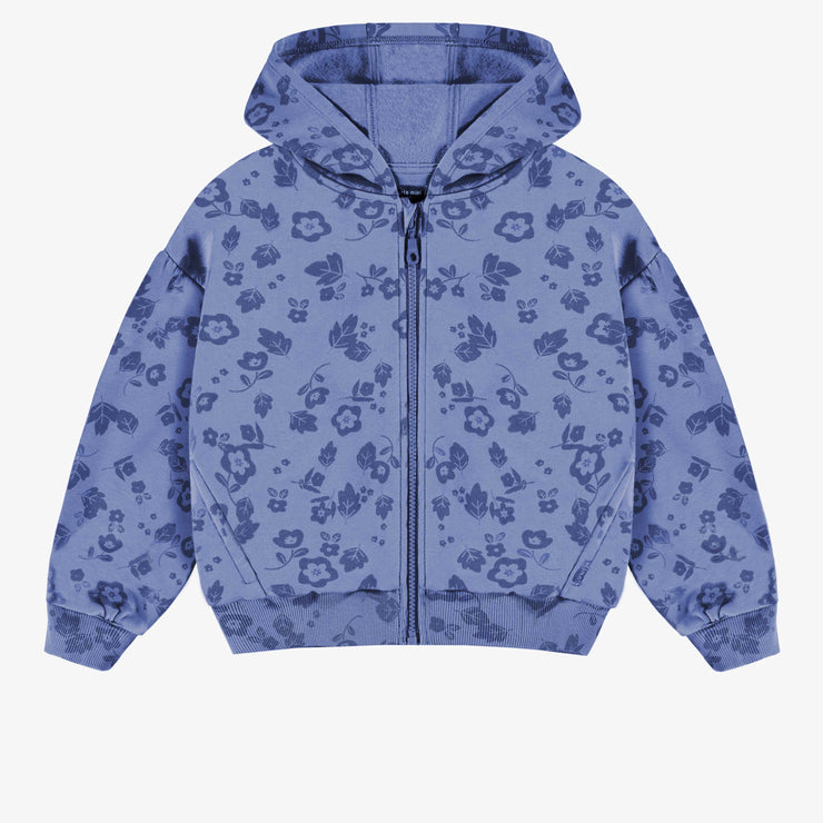 Veste bleue à capuchon avec fleurs en coton ouaté brossé, enfant || Blue hooded vest with flowers in brushed cotton fleece, child