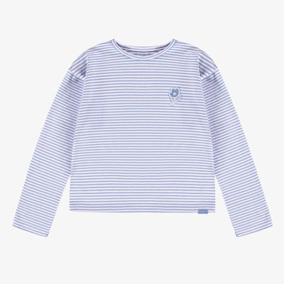 T-shirt rayé bleu et crème à manches longues en jersey extensible, enfant || Long-sleeved blue and cream striped t-shirt in stretch jersey, child