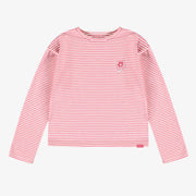 T-shirt rayé rose et crème à manches longues en jersey extensible, enfant || Long-sleeved pink and cream striped t-shirt in stretch jersey, child