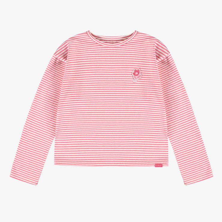 T-shirt rayé rose et crème à manches longues en jersey extensible, enfant || Long-sleeved pink and cream striped t-shirt in stretch jersey, child