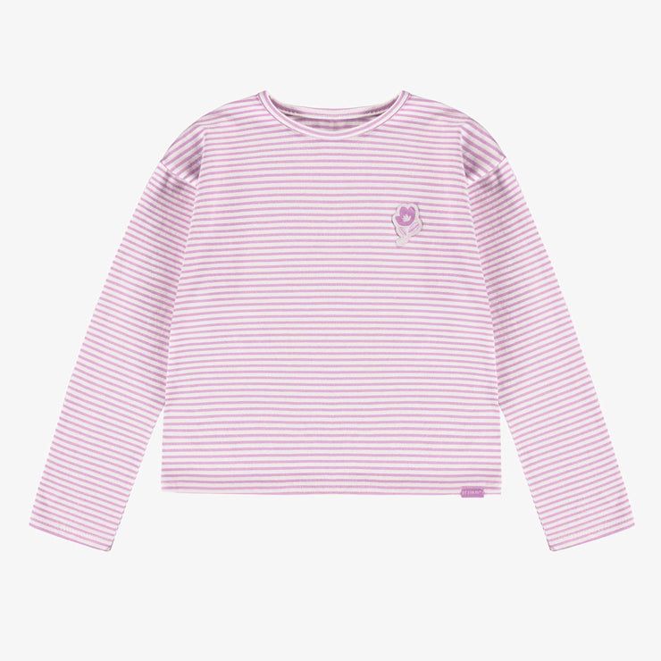 T-shirt rayé mauve et crème à manches longues en jersey extensible, enfant || Long-sleeved purple and cream striped t-shirt in stretch jersey, child