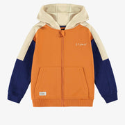 Veste à capuchon orange, marine et crème en coton ouaté brossé, enfant || Orange, navy and cream hooded vest in brushed cotton fleece, child