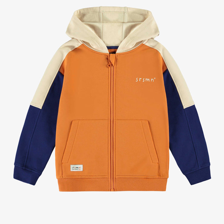 Veste à capuchon orange, marine et crème en coton ouaté brossé, enfant || Orange, navy and cream hooded vest in brushed cotton fleece, child