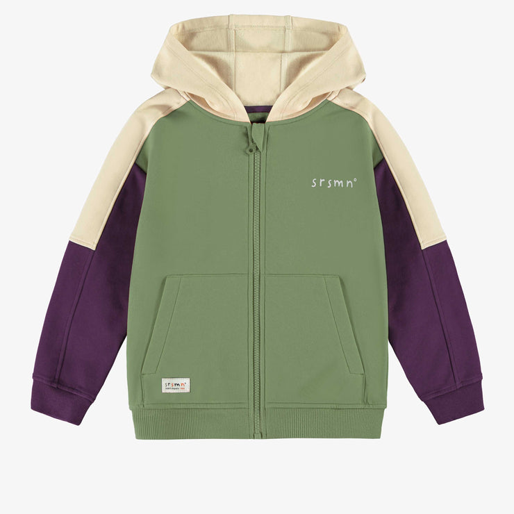 Veste à capuchon verte, prune et crème en coton ouaté brossé, enfant || Green, plum and cream hooded vest in brushed cotton fleece, child