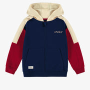 Veste à capuchon marine, rouge et crème en coton ouaté brossé, enfant || Navy, red and cream hooded vest in brushed cotton fleece, child