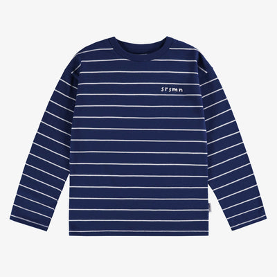 T-shirt rayé marine et crème à manches longues en jersey, enfant || Long-sleeved navy and cream striped t-shirt in  jersey, child