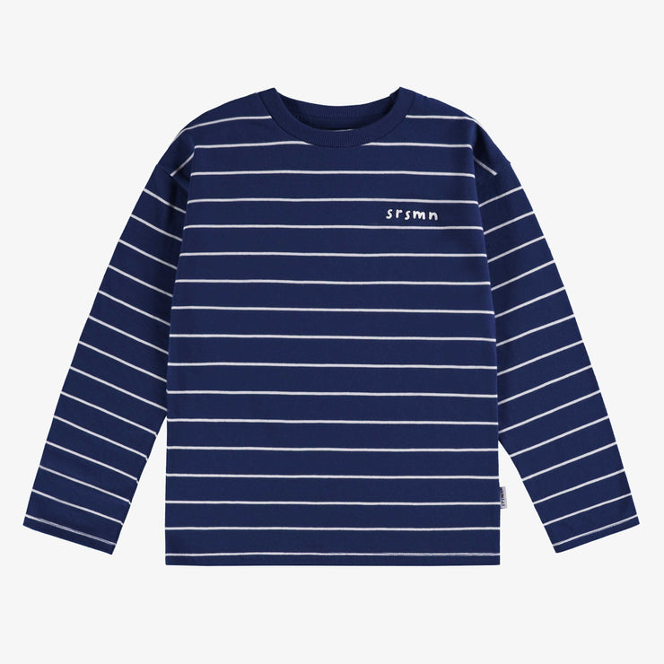 T-shirt rayé marine et crème à manches longues en jersey, enfant || Long-sleeved navy and cream striped t-shirt in  jersey, child