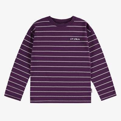 T-shirt rayé prune et crème à manches longues en jersey, enfant || Long-sleeved plum and cream striped t-shirt in  jersey, child