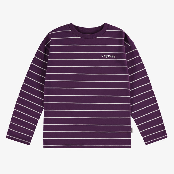 T-shirt rayé prune et crème à manches longues en jersey, enfant || Long-sleeved plum and cream striped t-shirt in  jersey, child