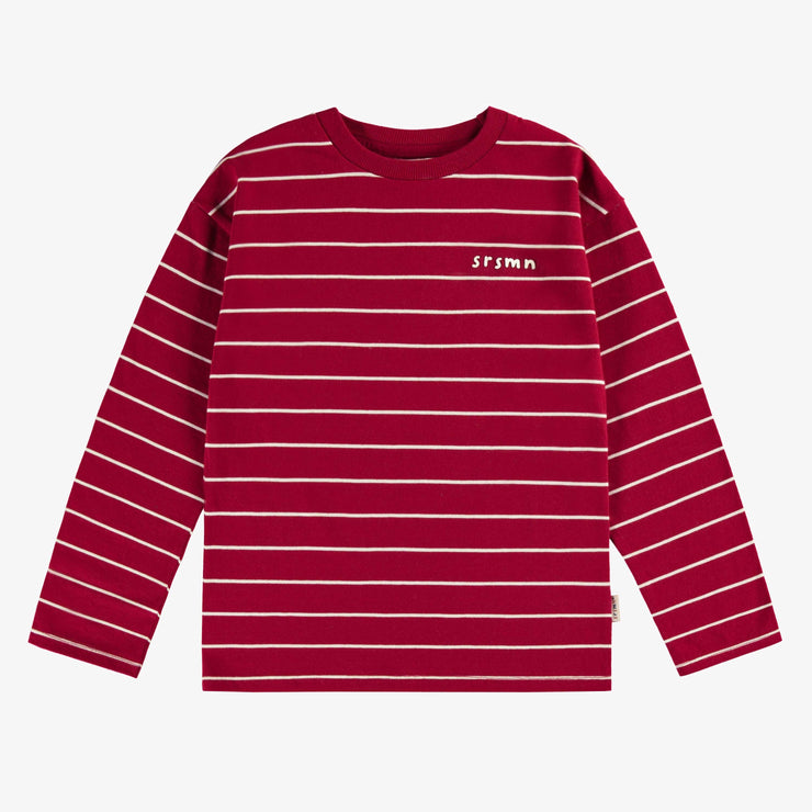 T-shirt rayé rouge et crème à manches longues en jersey, enfant || Long-sleeved red and cream striped t-shirt in  jersey, child