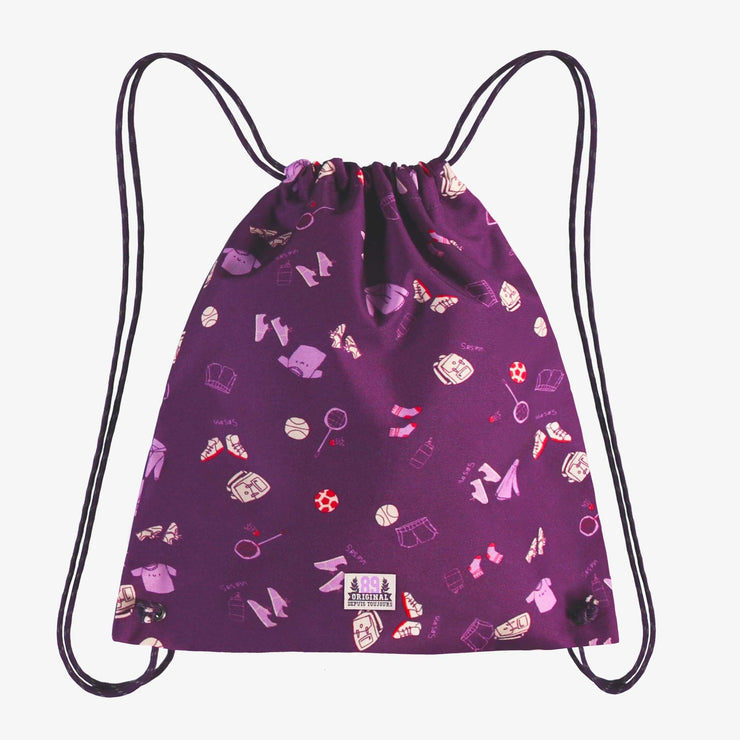 Sac tout usage mauve à motif d'équipements de sport, enfant || Pink all-purpose bag with sports equipment print, child