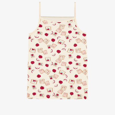 Camisole crème à motifs de pommes et tartines en jersey extensible, enfant || Cream camisole with apple and toast all over print in stretch jersey, child