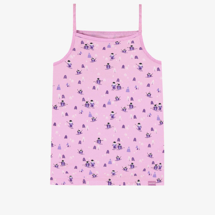 Camisole rose à motifs de pingouins en jersey extensible, enfant || Pink camisole with penguin all over print in stretch jersey, child