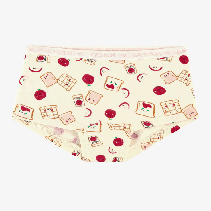 Culotte garçonne crème à motifs de pommes et tartines en jersey extensible, enfant || Cream boycut panties with apple and toast all over print in stretch