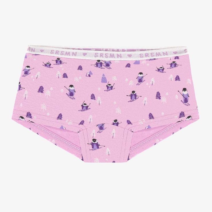 Culotte garçonne rose à motifs de pingouins en jersey extensible, enfant || Pink boycut panties with penguin all over print in stretch jersey, child