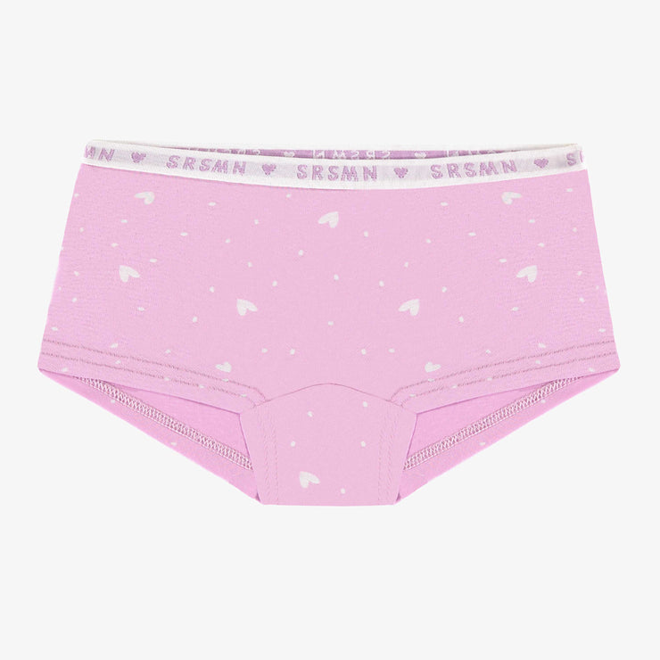 Culotte garçonne mauve à motifs de coeurs en jersey extensible, enfant || Purple boycut panties with heart all over print in stretch jersey, child