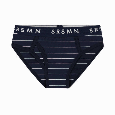 Caleçon ajusté marine à rayures en jersey extensible, enfant || Navy fitted briefs with stripes in stretch jersey, child