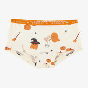 Culotte garçonne crème à motifs d'Halloween phosphorescents en jersey extensible, enfant || Cream boycut panties with glow in the dark Halloween all over print in stretch jersey, child