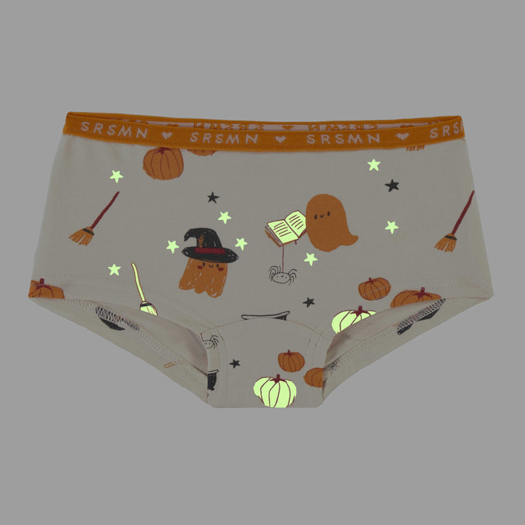 Culotte garçonne crème à motifs d'Halloween phosphorescents en jersey extensible, enfant || Cream boycut panties with glow in the dark Halloween all over print in stretch jersey, child