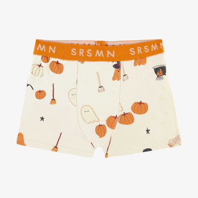 Boxer crème à motifs d'Halloween phosphorescents en jersey extensible, enfant || Cream boxer with glow in the dark Halloween all over print in stretch jersey, child